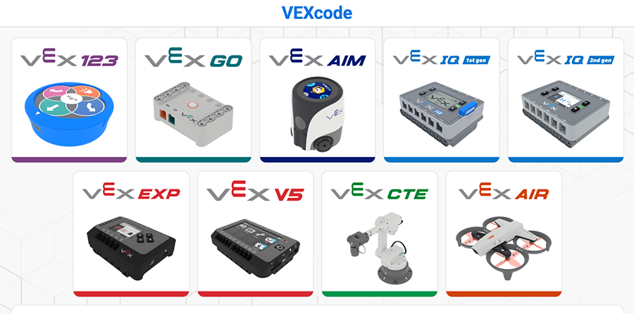 VEXcode platform selection screen showing icons for VEX 123, GO, AIM, IQ (1st and 2nd gen), EXP, V5, CTE, and AIR.