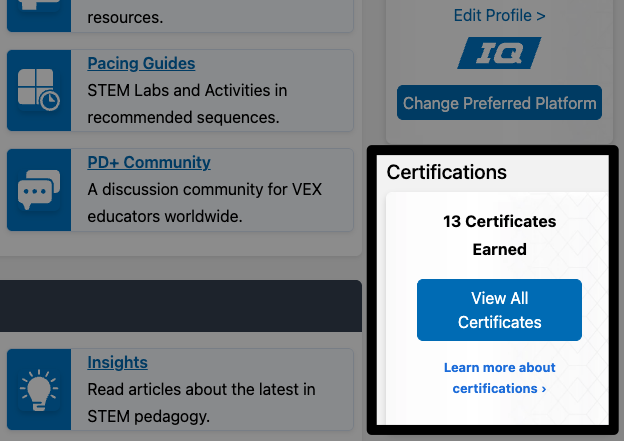 The right hand side of the PD+ Dashboard with the Certifications section highlighted below the Profile information, with a View All Certificates button in its center.
