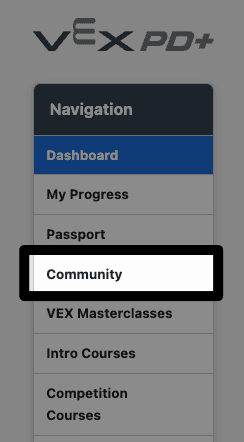 The Navigation bar on the lefthand side of the PD+ Dashboard, with the Community option highlighted.