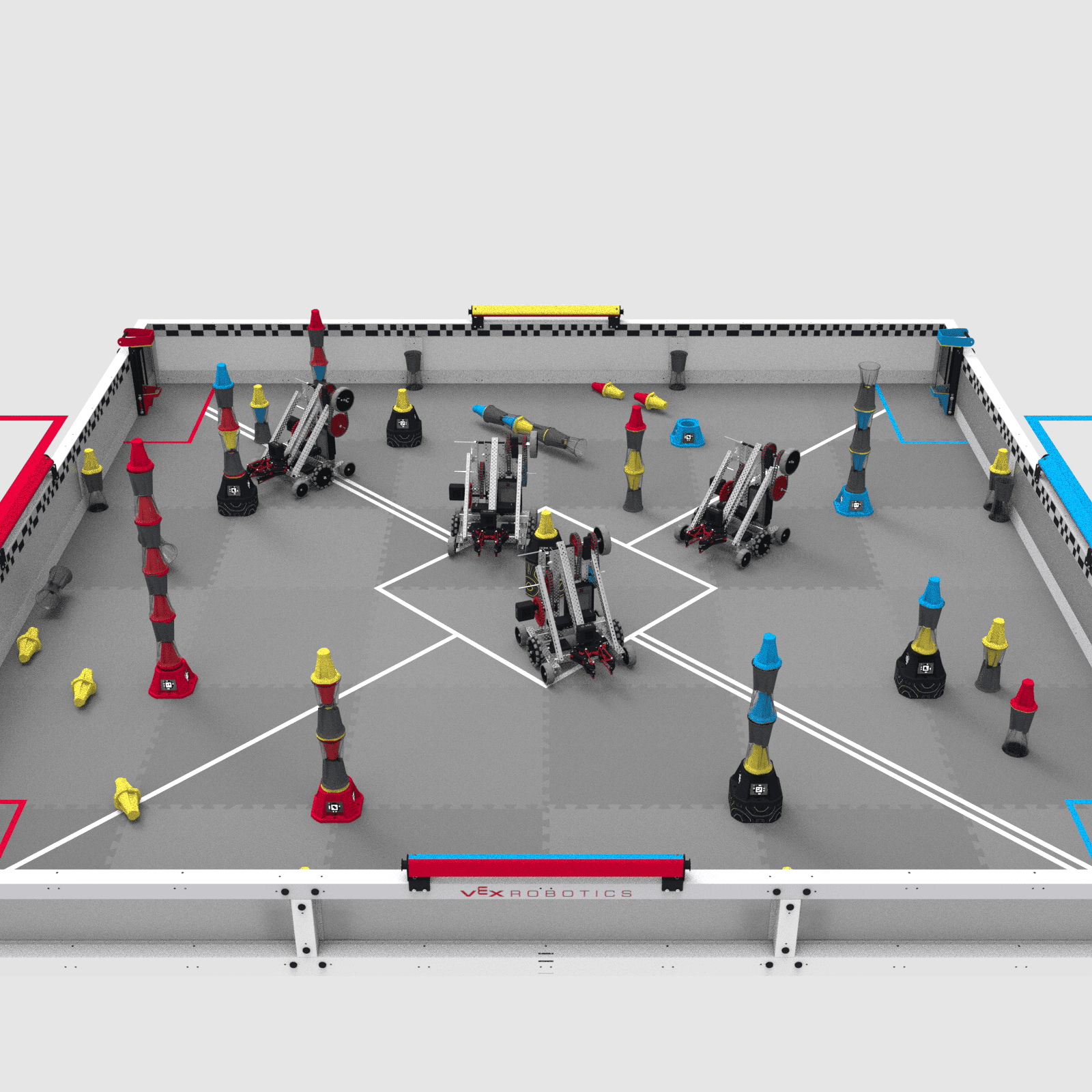 Top down perspective view of a V5RC Override field. The first quadrant at the top of the field shows a toggle set to yellow, and one visible yellow pin. Moving clockwise, the next quadrant shows a blue toggle, one yellow pin, and 3 blue pins. The third quadrant shows a blue toggle, two yellow pins, two blue pins, and two red pins. The fourth quadrant shows a red toggle, 6 red pins, one yellow pin, and one blue pin. The midfield shows two blue alliance robots inside and one yellow pin in the goal.