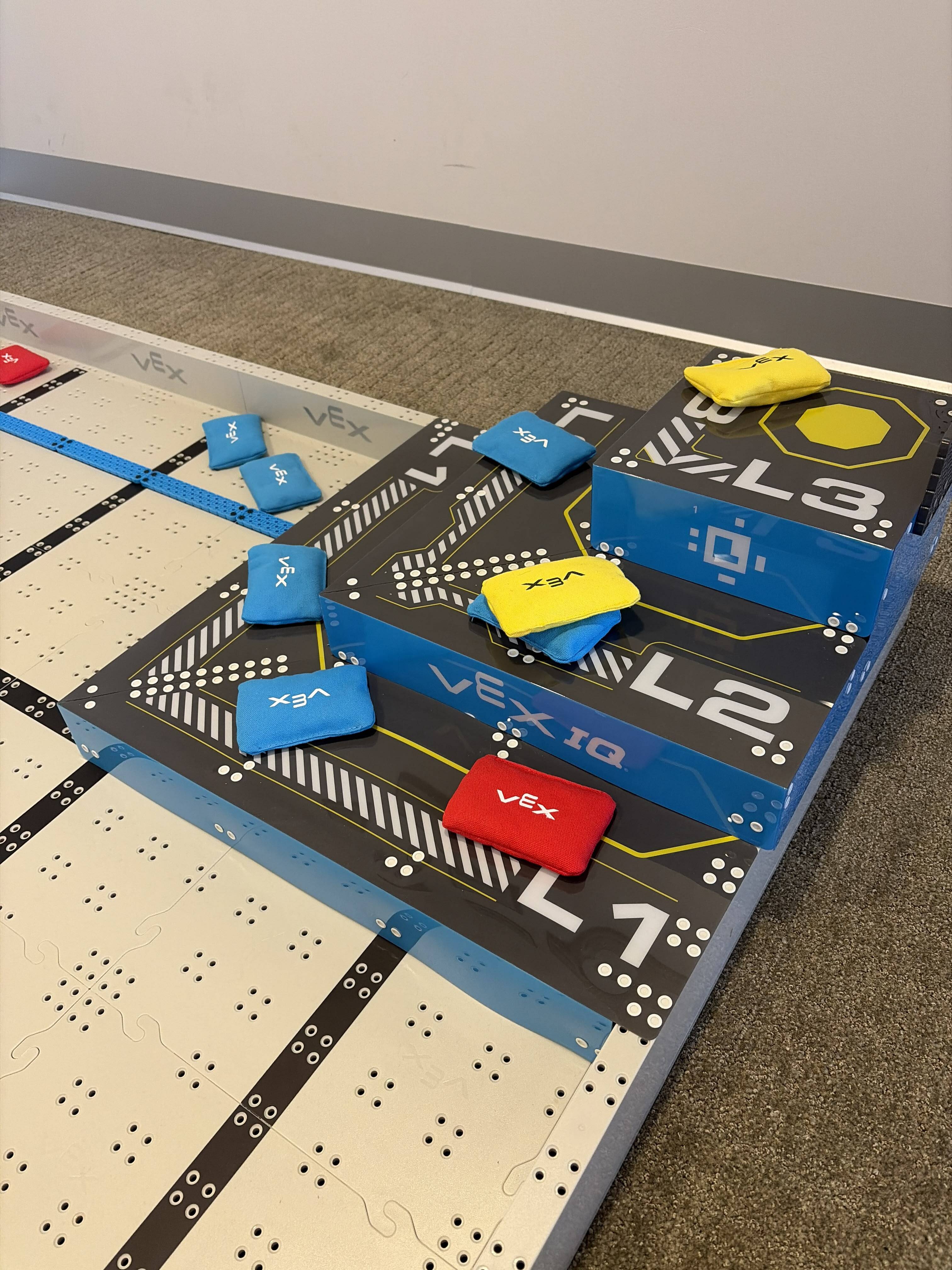 The Blue Pyramid goal showing the following: 2 Blue Bean Bags in the Floor Goal, 2 Blue and 1 Red Bean Bag on L1, 2 Blue and 1 Yellow Bean Bag on L2, and 1 Yellow Bean Bag on L3.