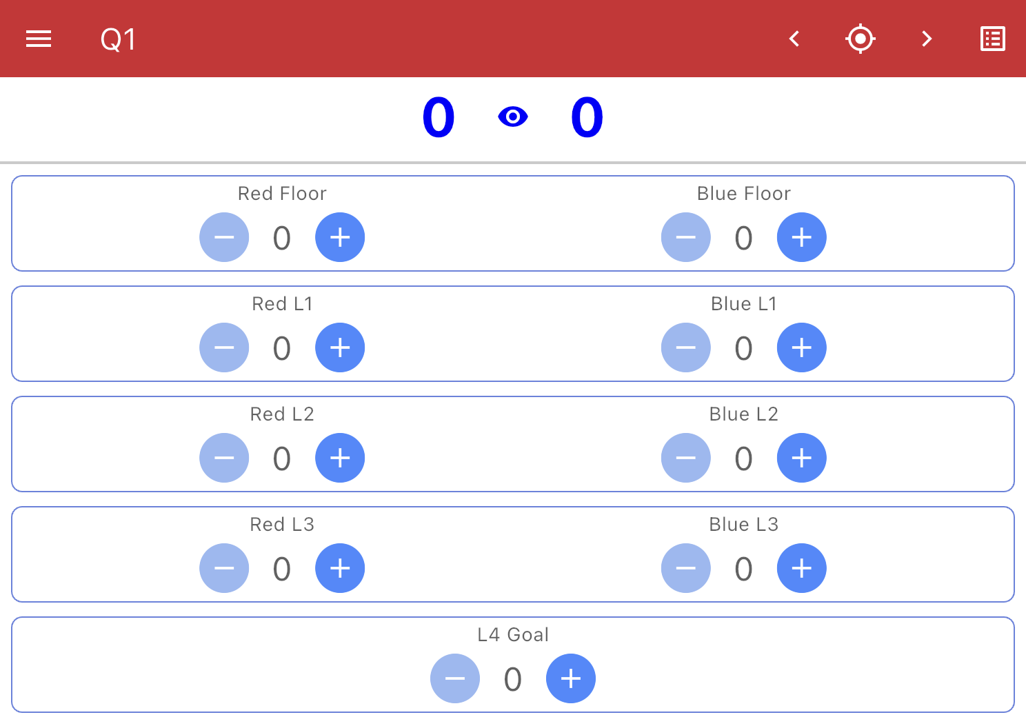 The Match scoring screen shows a score of 0 at the top. Below are four rows of counters for the floor goal, l1, l2, and l3 goals listed vertically with red on the left and blue on the right. the row below that has the L4 goal counter centered.