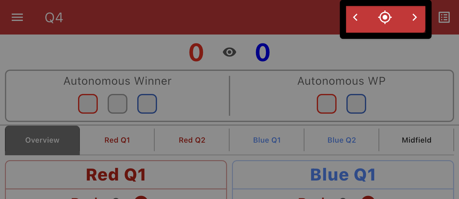 The top portion of the match scoring screen with the location icon and left and right arrows in the upper right corner of the Toolbar highlighted, to the left of the list icon.