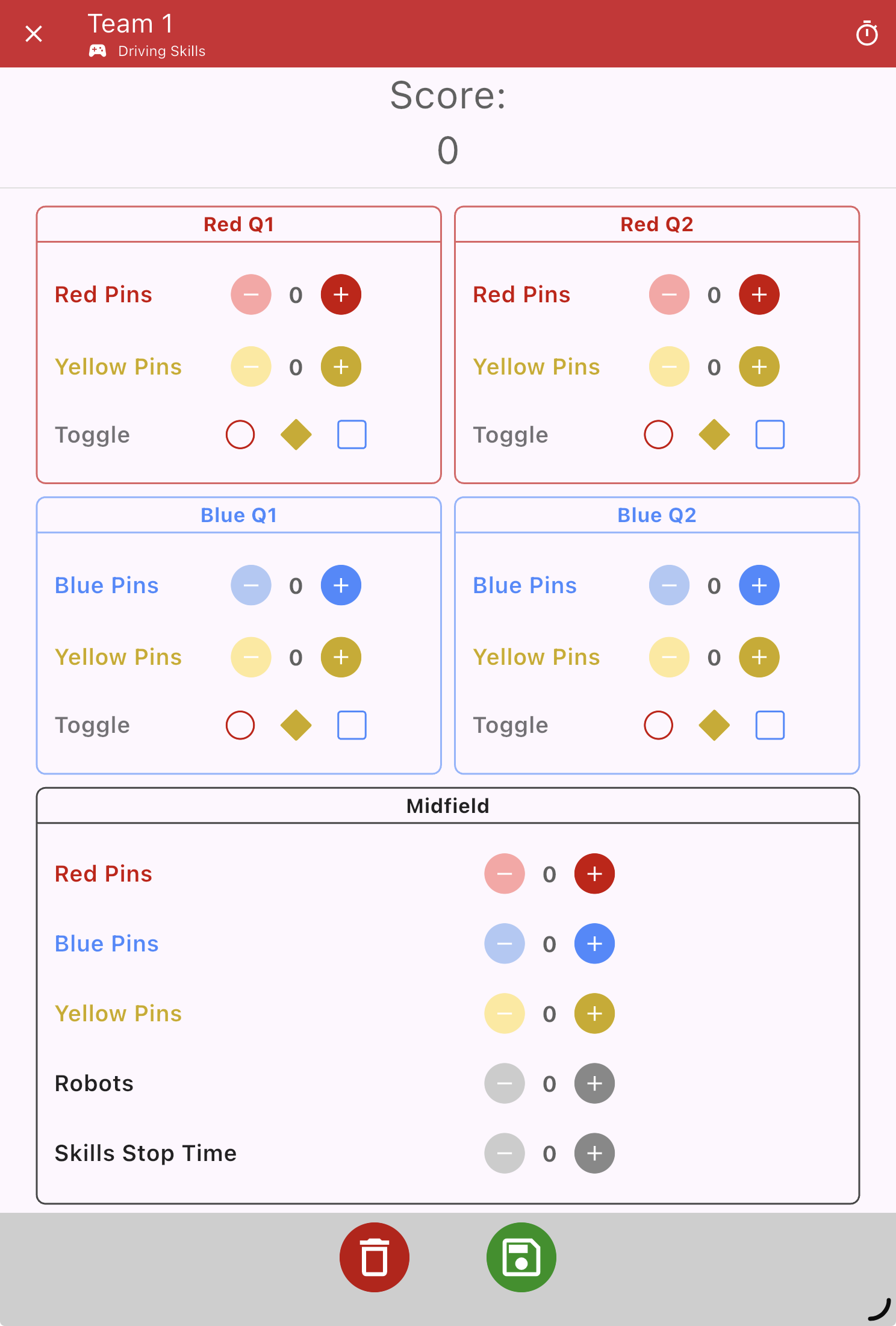 The Skills Match Scoring screen shows a score at the very top. The upper sections is broken into four quadrants with the two reds listed left to right on top, and the two blues shown left to right below. The bottom portion is for the Midfield, and also lists Skills Stop Time as the last option vertically.