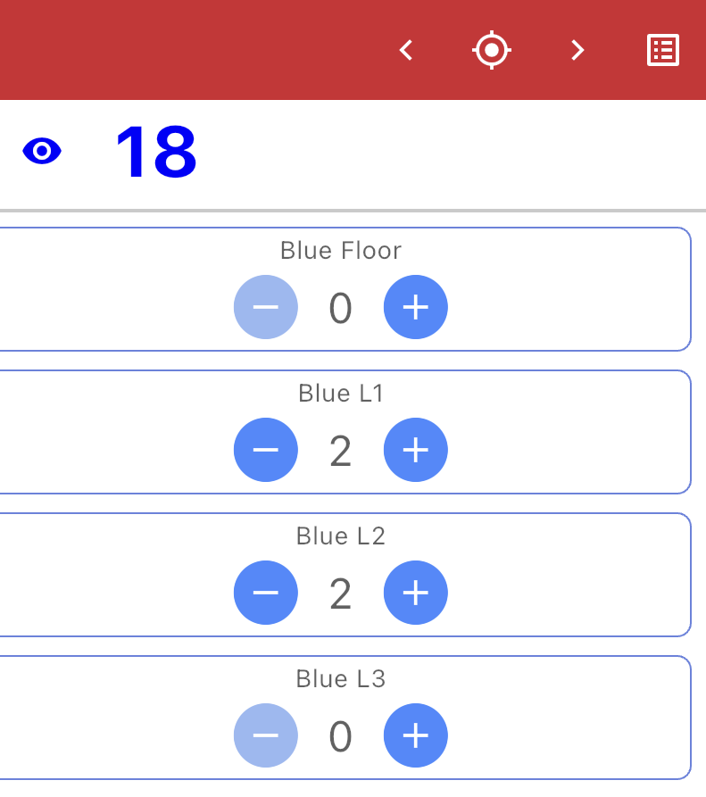 A screenshot of the Blue Goal side of the Match Scoring screen in the TM Mobile app showing a count of 2 for Blue L1 and Blue L2 and zeros for the other options. The total score is 18.