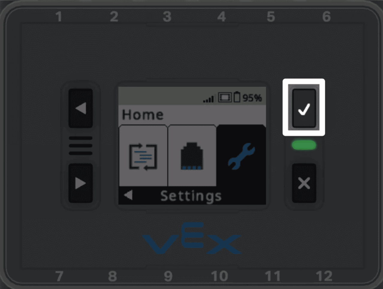 I Q Brain with the home screen showing. The settings icon is in the background of the image and a highlight is on the button to the upper right showing a checkmark.