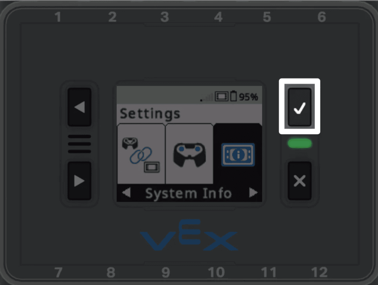 I Q Brain with the settings screen showing. The system info icon is in the background of the image and a highlight is on the button to the upper right showing a checkmark.