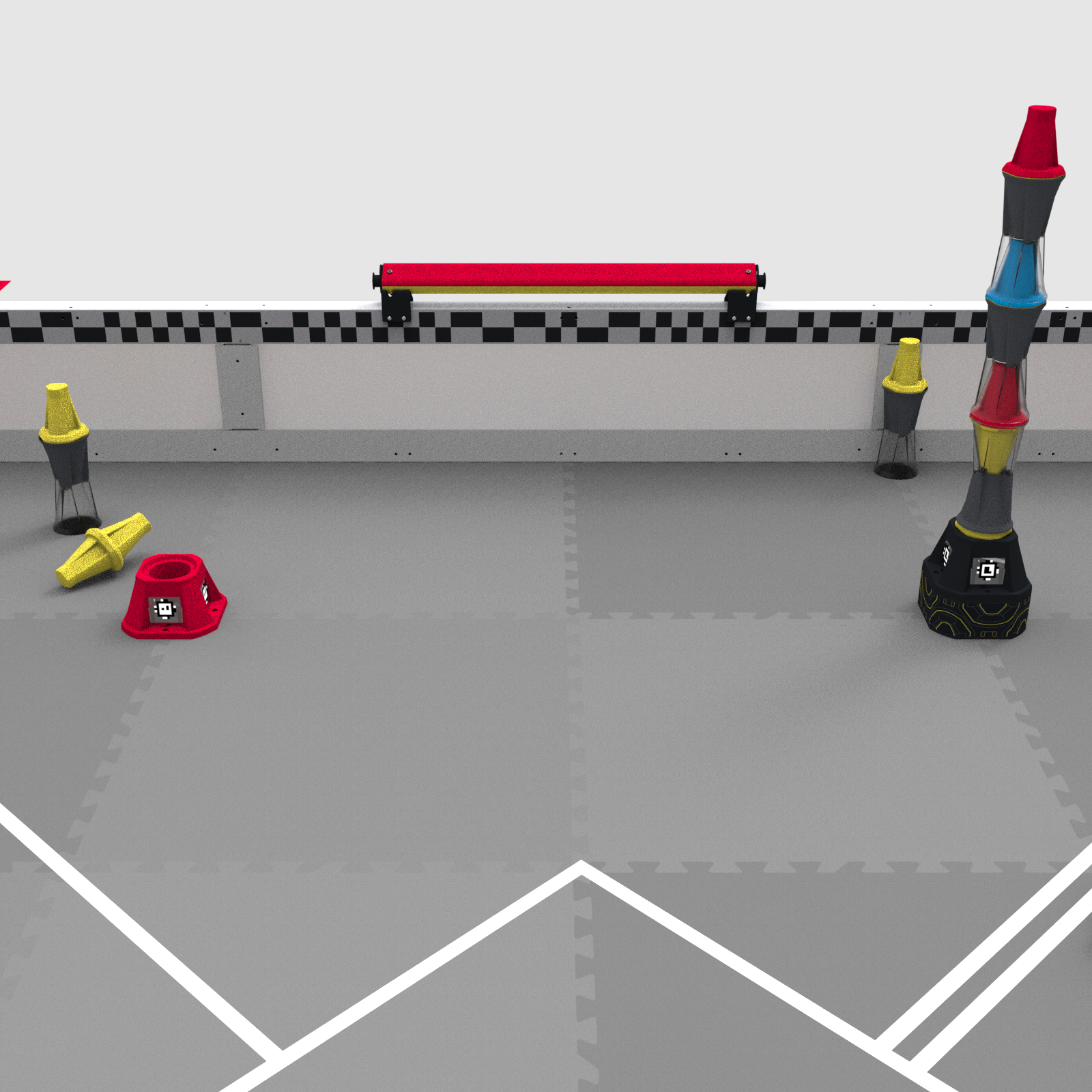 Red Quadrant 2 at the end of a match with two red Pins, one blue Pin, and one yellow Pin Placed in the Goal, and the Quadrant Toggle set to red.