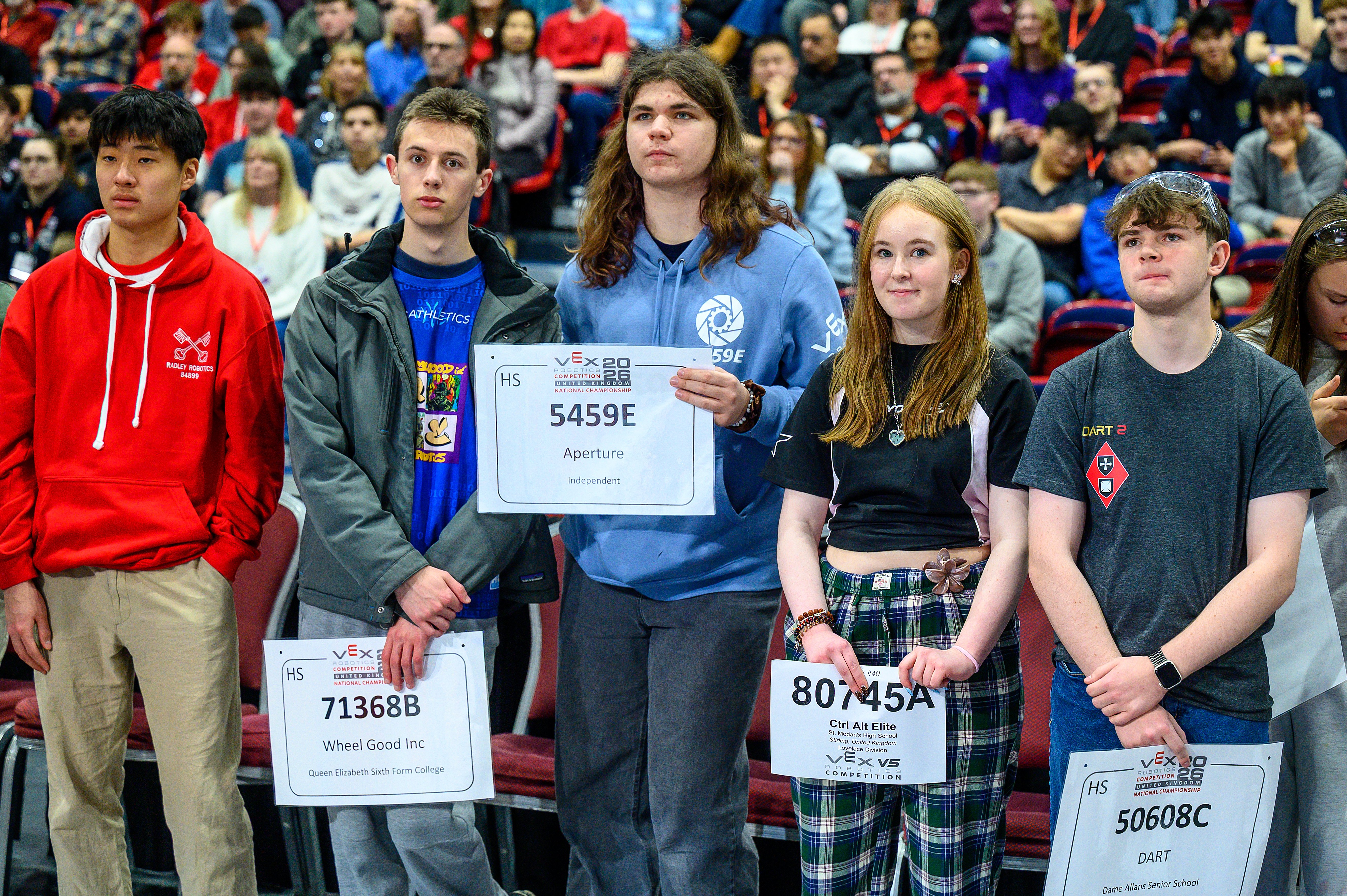 Five students stand in a line in front of a crowd. Each is an alliance captain and holds their team's number for alliance selection.