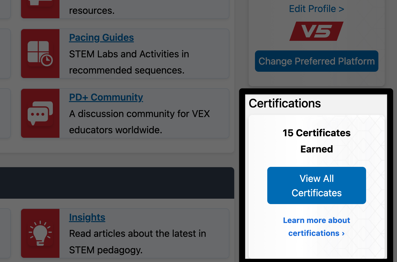 Screenshot of the User Dashboard on PD+ with the Certifications section highlighted.