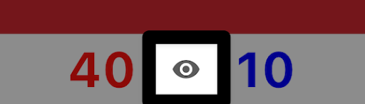 A close up of the score section with the eye icon between the red score on the left and the blue score on the right highlighted.