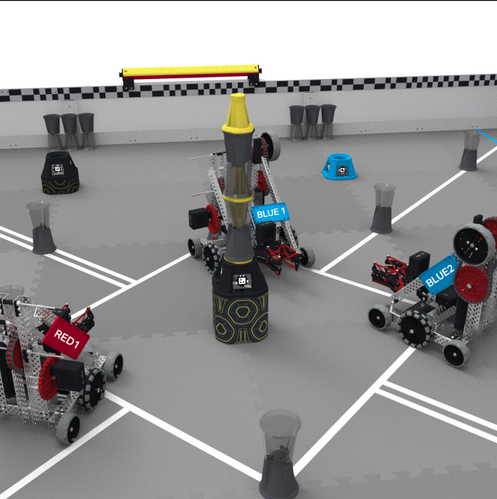 Override field at the end of the match. Two robots with blue license plates and one robot with a red license plate can be seen crossing the Midfield line.
