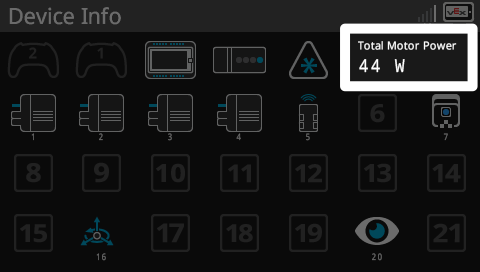 A V 5 Brain screen showing Device Info. A highlight is on the rightmost content in the first row of information. This area reads total motor power 44 w.