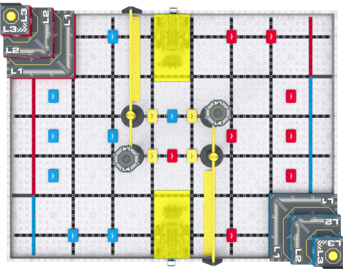 A top down image of the Level Up field at the start of a match, with yellow highlighted starting positions for each robot shown in the center of the Field, directly opposite each other extending from the wall.