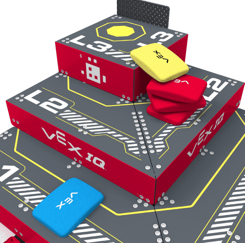 A red pyramid goal with one blue bean bag on the level one goal of the pyramid, three red bean bags on the level two goal, and one yellow bean bag resting halfway on the level three goal and halfway on top of the three red bean bags.