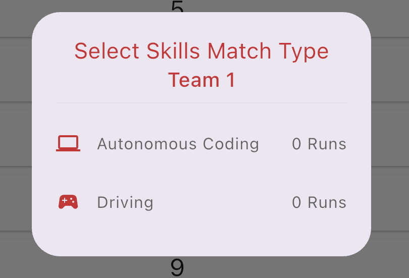The prompt to Select Skills Match Type for the selected team, with Autonomous Coding listed with a computer icon and Driving listed with a controller icon, with the number of completed runs for each.