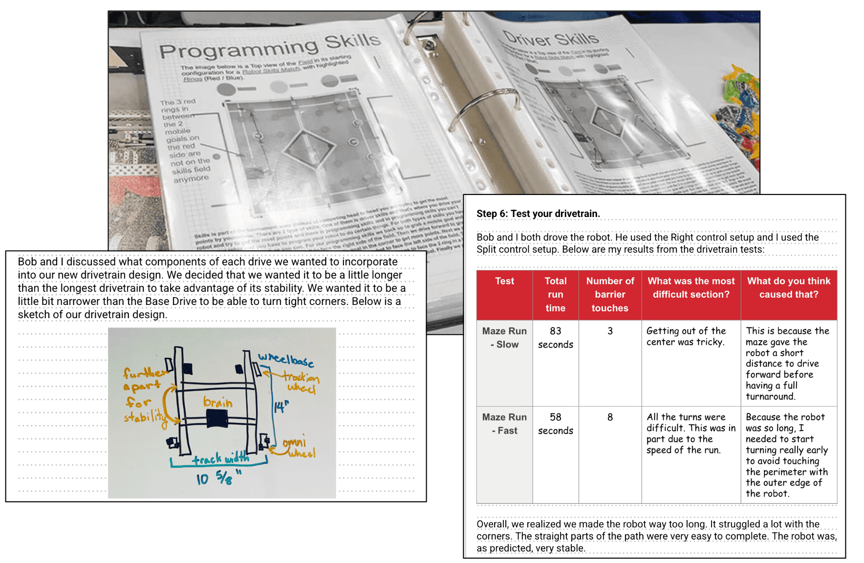 A collage of engineering notebook examples. One shows strategy notes for skills. One shows a photo of a whiteboard sketch of a drivetrain with notes and annotations. The third shows a data table where qualitative and quantitative evidence was recorded.