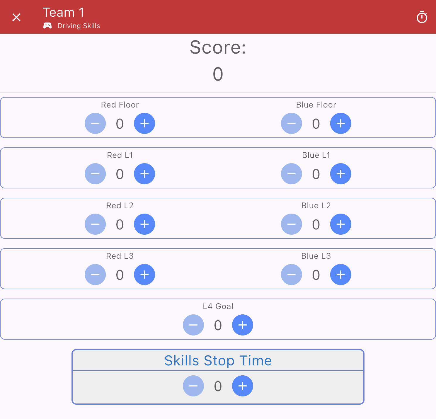 The Skills Match scoring screen for Team 1 showing a Score at the top and each of the goals listed with counters. The red goals are listed vertically on the left and the blue goals on the right, with the L4 Goal and Skills Stop time centered beneath.