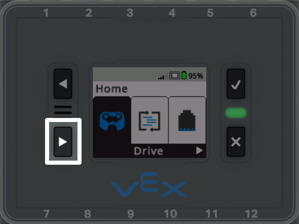 I Q Brain with the home screen showing. A highlight is on the button to the lower left showing a right arrow.