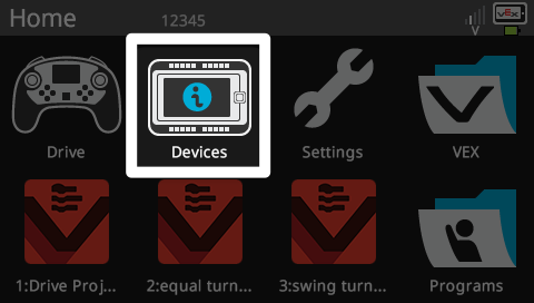 A V 5 Brain screen with a highlight on the second icon from the left in the top row. The icon is labelled Devices.