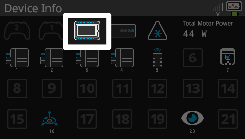 A V 5 Brain screen showing Device Info. A highlight is on a brain icon in the center of the first row.
