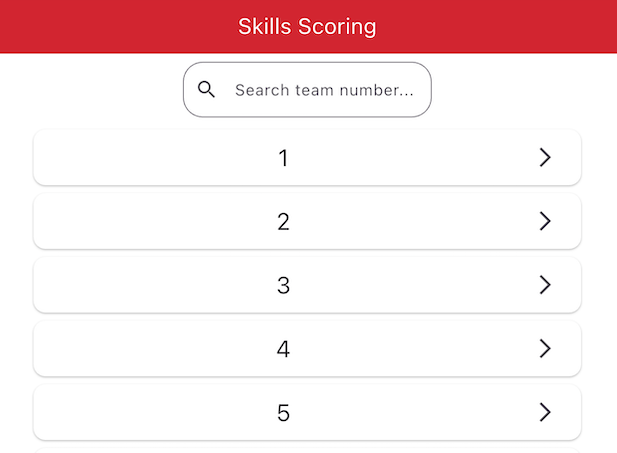 The Skills Scoring team list showing a list of teams vertically from 1 to 5, with a Search Team Number text field above.