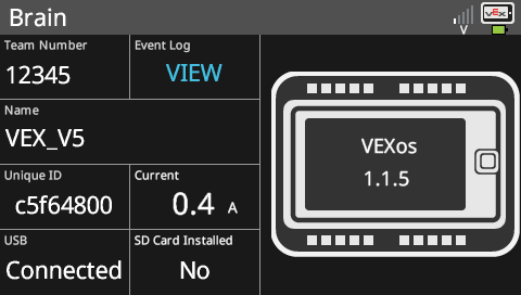 A V 5 brain screen showing Brain information. The righthand side shows team number, event log, name, unique i d, current, usb connection status and if an sd card is inserted. The right side shows a brain icon with the VEX O S version in the center.