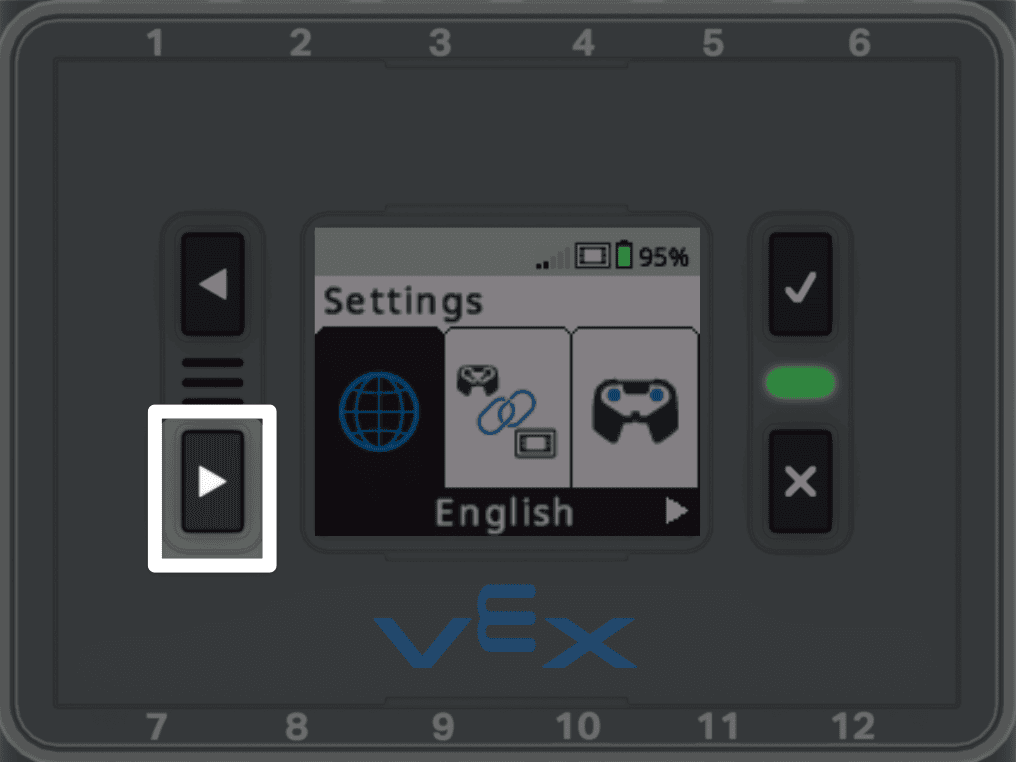 I Q Brain with the Settings screen showing. A highlight is on the button to the lower left showing a right arrow.