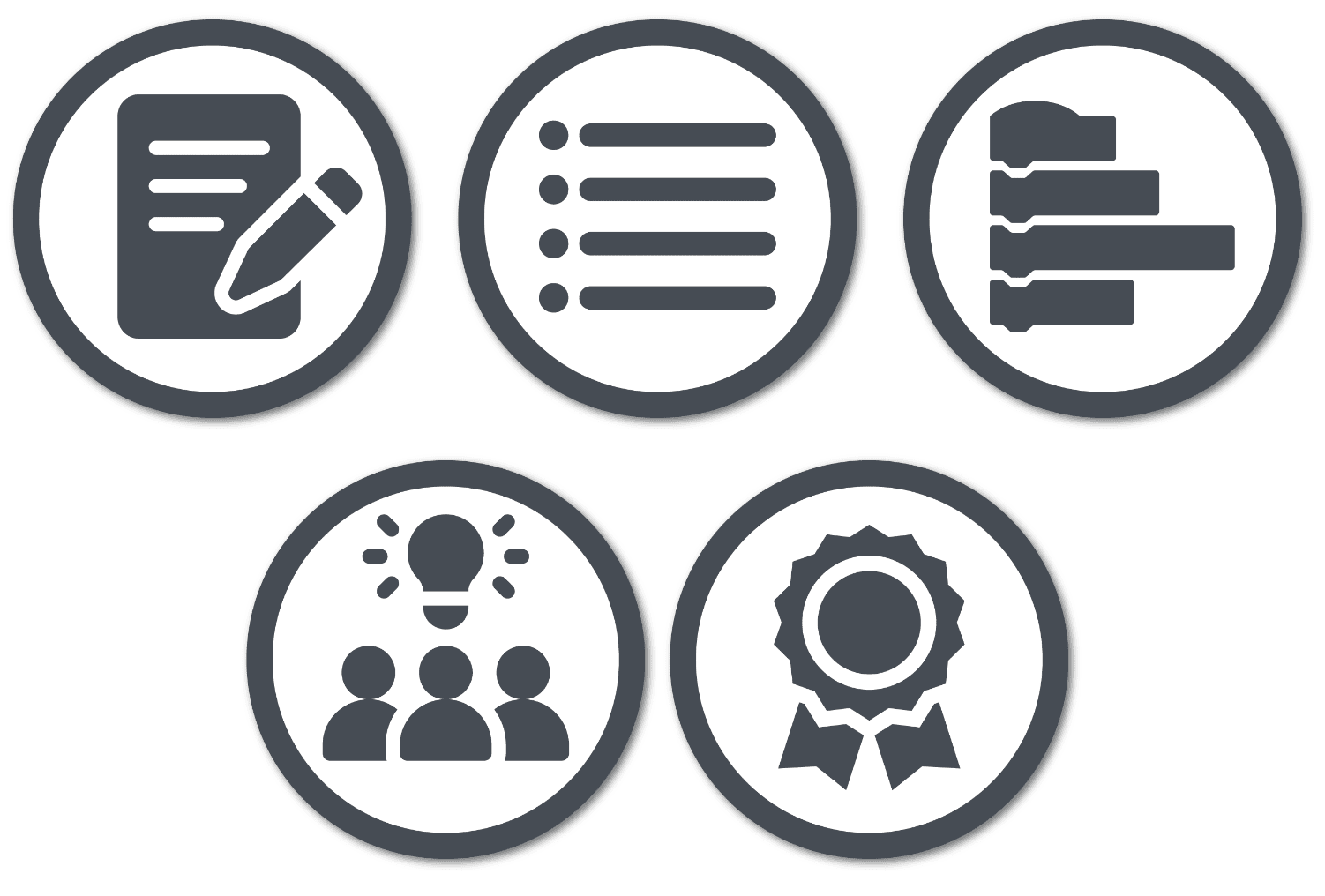 5 grey icons on a white background. The first shows a paper with a pencil overtop. The second is a line of bullets and text. The third is a greyed out version of VEXcode blocks. The fourth is a group of people conferring. The final is a ribbon for completion.