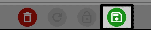 A close up of the bottom portion of the match scoring screen with the green save button with a floppy disc icon highlighted to the right of the grayed out lock icon.