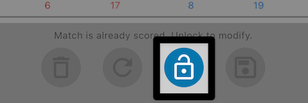 The same bottom section of the match scoring screen with the save icon on the right grayed out, and the blue lock icon button to the left of it highlighted.
